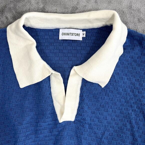 Oxknit Sweater Polo Men's M Johnny Collar Blue Knit Coastal Retro Preppy 70's - Picture 2 of 8